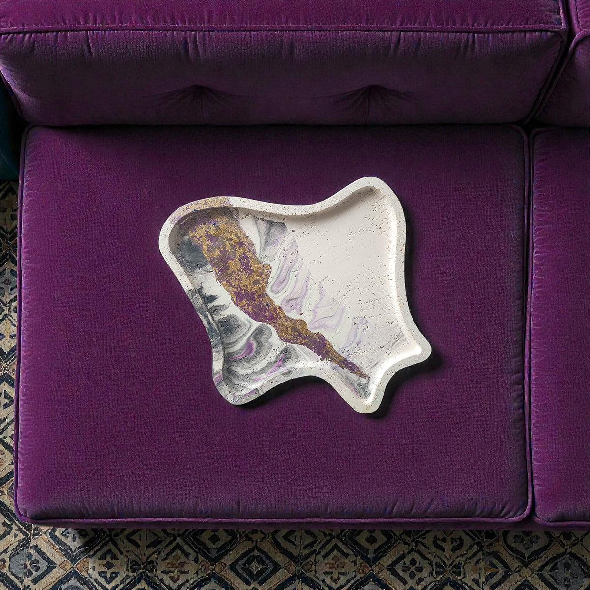 The Terrain Tray – Purple & Black Marble, Handmade Cement, 9"