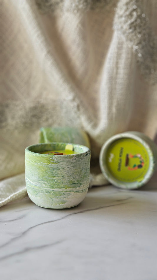 Green Tea & lemongrass Scented Candle in Unique Handmade Cement Vessel - Decorative Home Accent, Aromatherapy Candle, Hand-poured Coco apricot Wax Candle, Wooden Wick, 7oz