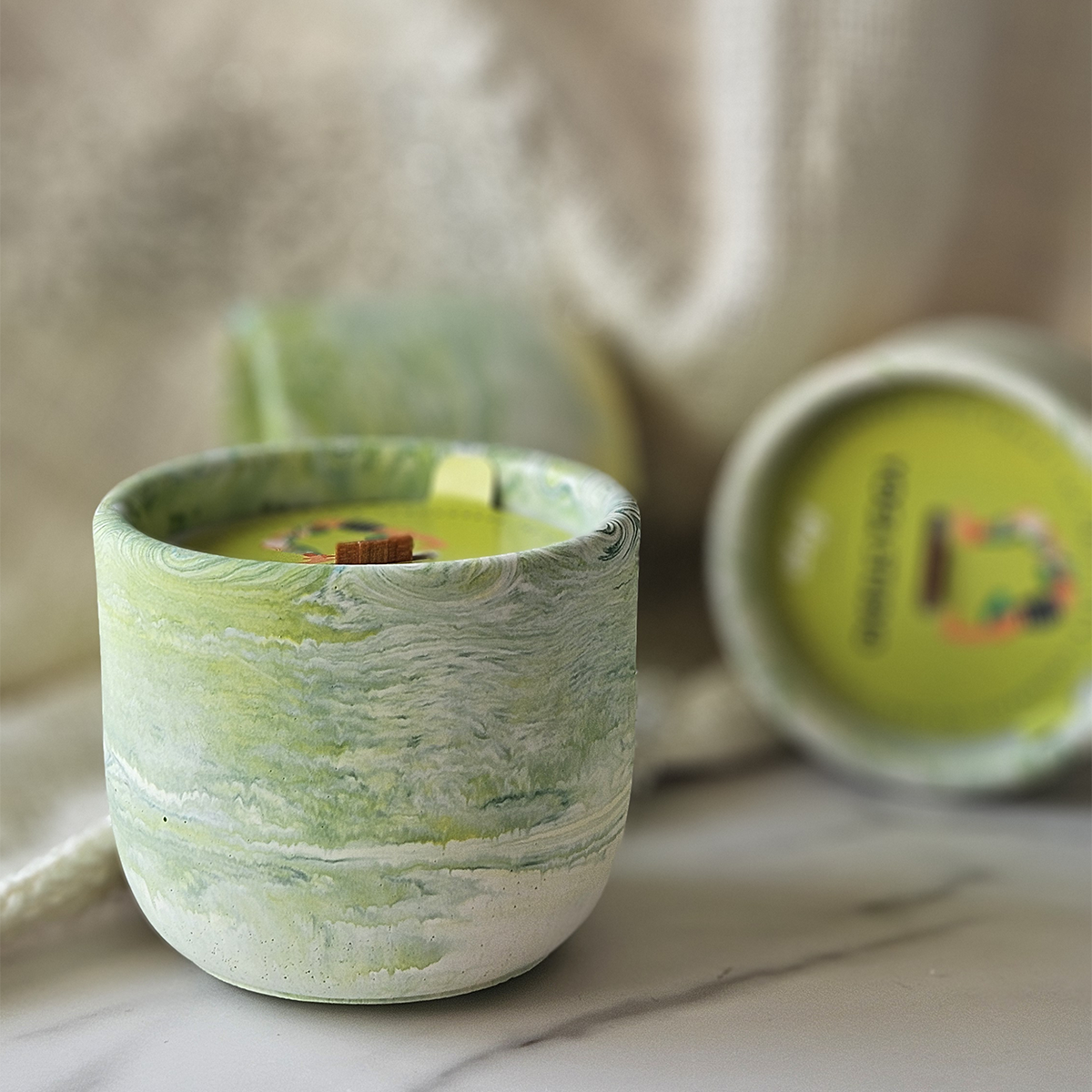 Green Tea & lemongrass Scented Candle in Unique Handmade Cement Vessel 7oz