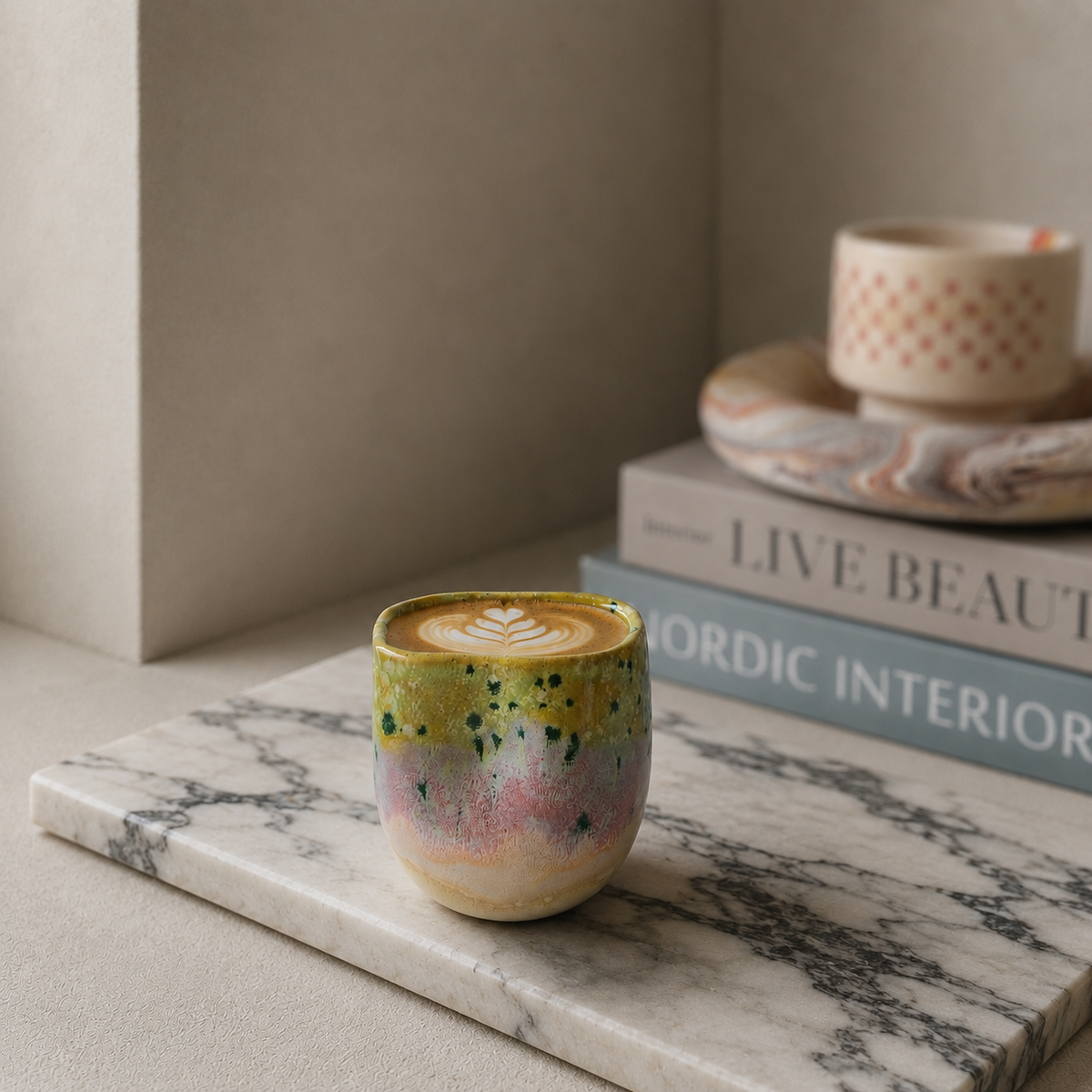 A small handmade ceramic cup with a marbled pastel glaze sits on a marble tray. The cup has a yellow-green top section with dark speckles, fading into pink and cream at the bottom.