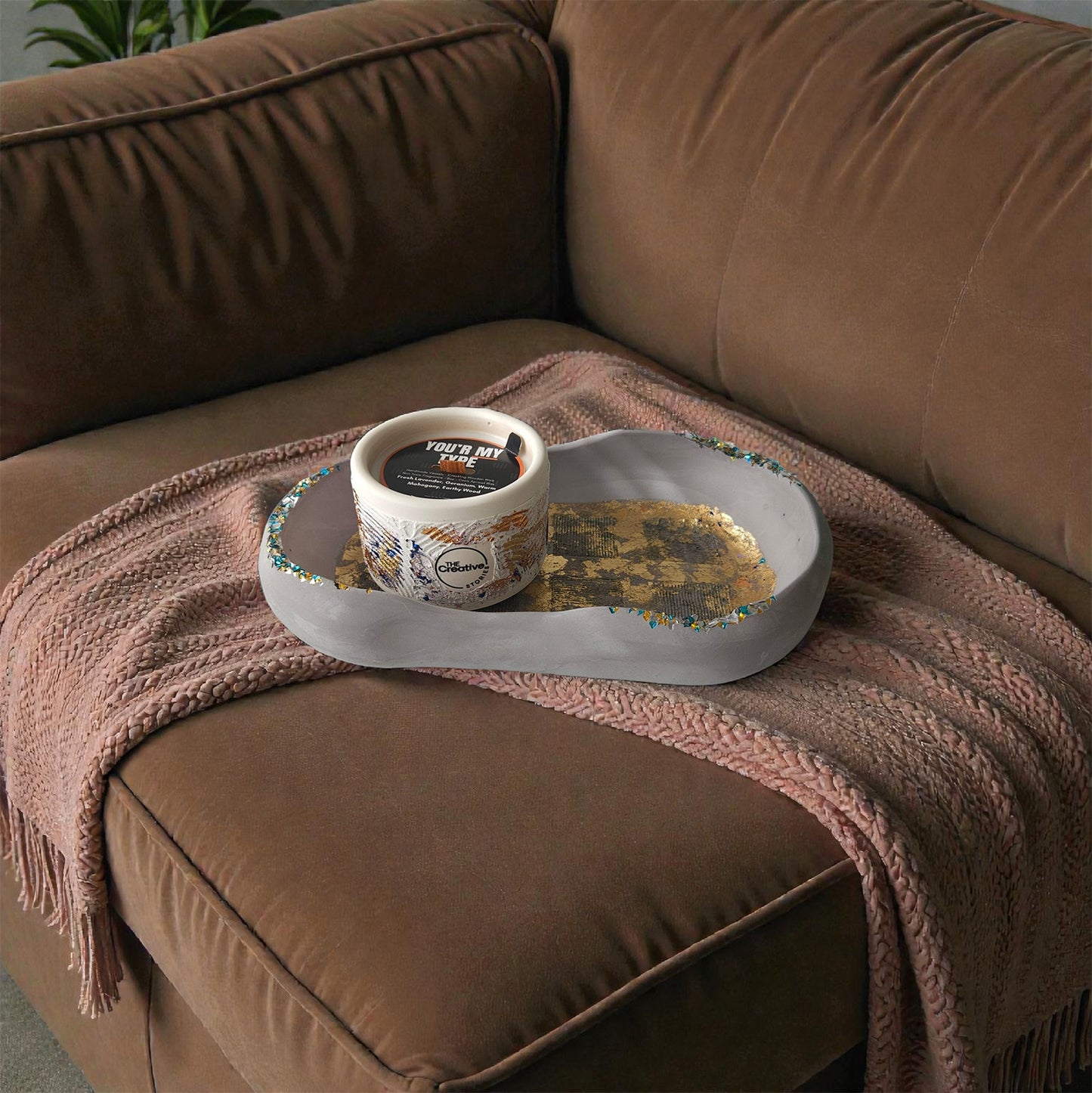 The Drift Tray – Grey with Gold foil, Handmade Cement, 11.45"