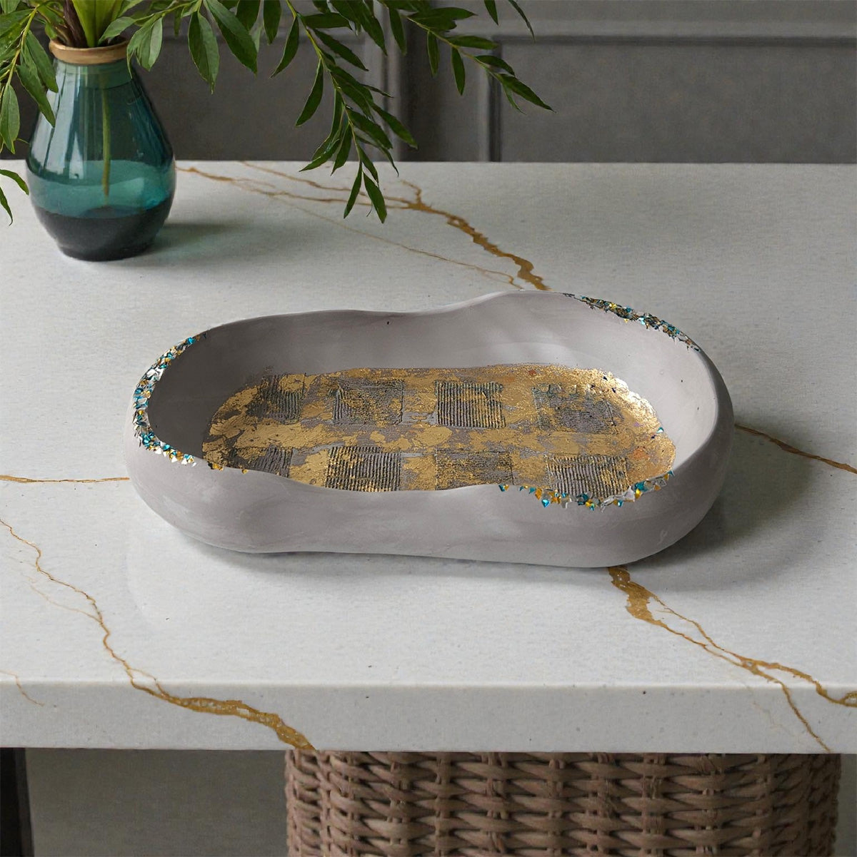 The Drift Tray – Grey with Gold foil, Handmade Cement, 11.45"