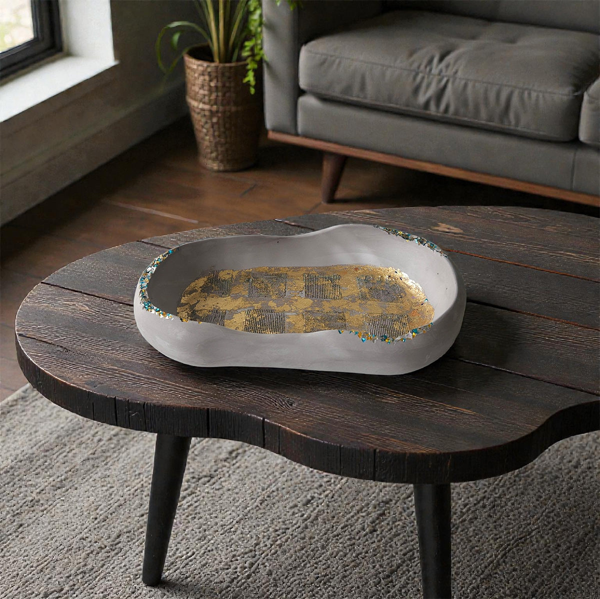 The Drift Tray – Grey with Gold foil, Handmade Cement, 11.45"