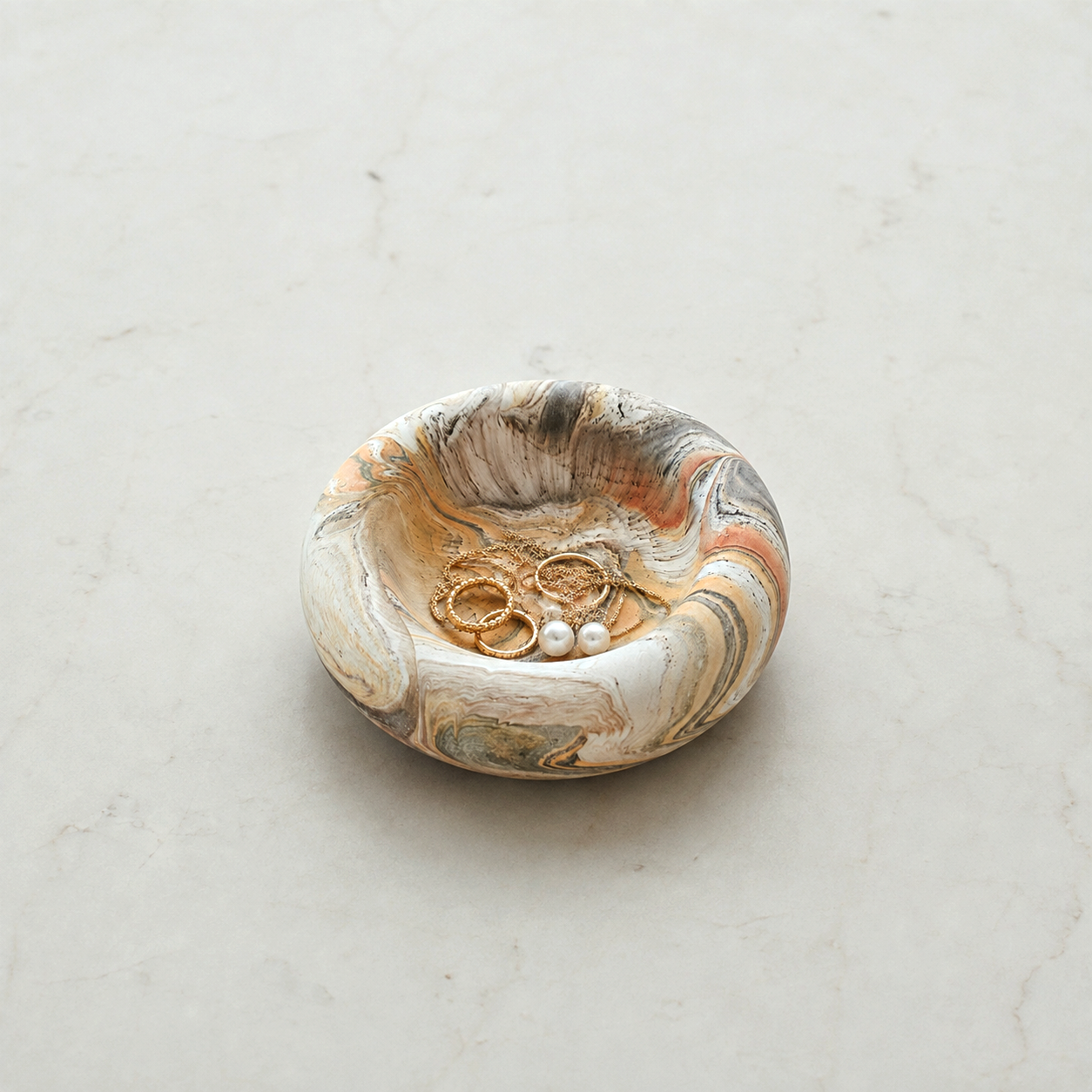 The Cove Bowl – Cream & Brown Swirl, Handmade Cement, 7.6"